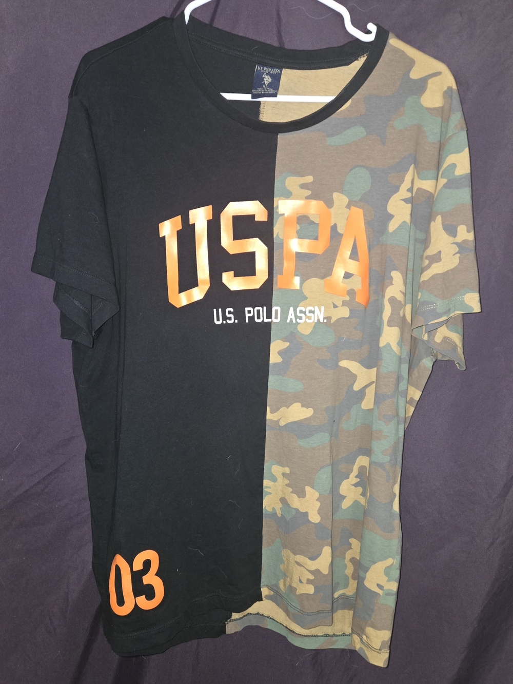 U.S. Polo Assn. Half Black Half Camo Short Sleeve Tee with Orange Logo